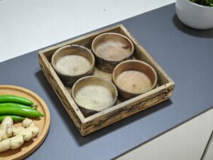 Woodino Mango Wood Fractal Burning Tray with 4 Serving Bowls | Handcrafted Multipurpose Wooden Tray Set for Snacks, Dry Fruits, Decor, Restaurants & Photoshoots | Natural Finish