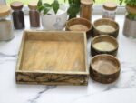 Woodino Mango Wood Fractal Burning Tray with 4 Serving Bowls | Handcrafted Multipurpose Wooden Tray Set for Snacks, Dry Fruits, Decor, Restaurants & Photoshoots | Natural Finish