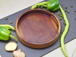 Woodino Sheesham Wood 12-Inch Round Serving Tray with Side Handles - Modern Design, Natural Premium Polish, Natural Shade & Wood Grains