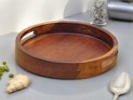 Woodino Sheesham Wood 12-Inch Round Serving Tray with Side Handles - Modern Design, Natural Premium Polish, Natural Shade & Wood Grains