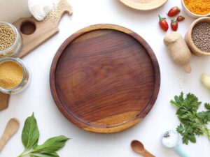 Woodino Sheesham Wood 12-Inch Round Serving Tray with Side Handles - Modern Design, Natural Premium Polish, Natural Shade & Wood Grains