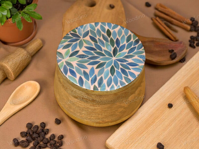 Woodino Solid Wood Storage Jar with Resin Art Lid, 15x11 cm | Multipurpose Organizer Container for Snacks, Serving, Salad, Fruits, Jewelry and Storage| Natural Finish (Botanic Bloom)