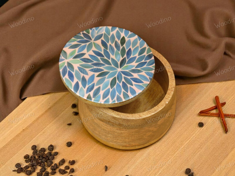 Woodino Solid Wood Storage Jar with Resin Art Lid, 15x11 cm | Multipurpose Organizer Container for Snacks, Serving, Salad, Fruits, Jewelry and Storage| Natural Finish (Botanic Bloom)