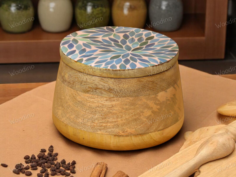Woodino Solid Wood Storage Jar with Resin Art Lid, 15x11 cm | Multipurpose Organizer Container for Snacks, Serving, Salad, Fruits, Jewelry and Storage| Natural Finish (Botanic Bloom)