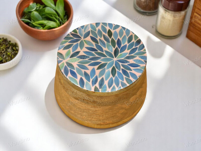 Woodino Solid Wood Storage Jar with Resin Art Lid, 15x11 cm | Multipurpose Organizer Container for Snacks, Serving, Salad, Fruits, Jewelry and Storage| Natural Finish (Botanic Bloom)