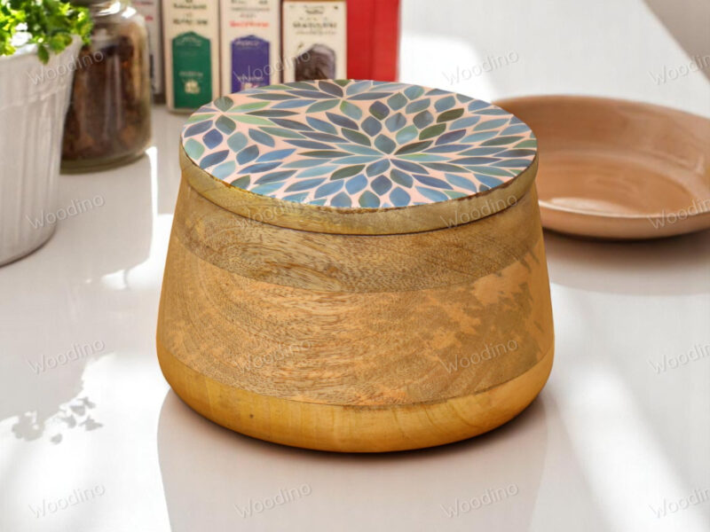 Woodino Solid Wood Storage Jar with Resin Art Lid, 15x11 cm | Multipurpose Organizer Container for Snacks, Serving, Salad, Fruits, Jewelry and Storage| Natural Finish (Botanic Bloom)
