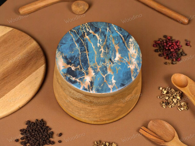 Woodino Solid Mango Wood Storage Jar with Resin Art Lid, 15x13 cm | Multipurpose Organizer Container for Snacks, Serving, Salad, Fruits, Jewelry and Storage| Natural Finish (Crackled Indigo)
