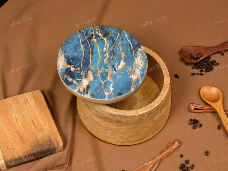 Woodino Solid Mango Wood Storage Jar with Resin Art Lid, 15x13 cm | Multipurpose Organizer Container for Snacks, Serving, Salad, Fruits, Jewelry and Storage| Natural Finish (Crackled Indigo)
