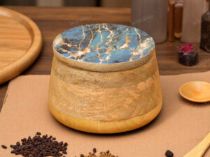 Woodino Solid Mango Wood Storage Jar with Resin Art Lid, 15x13 cm | Multipurpose Organizer Container for Snacks, Serving, Salad, Fruits, Jewelry and Storage| Natural Finish (Crackled Indigo)