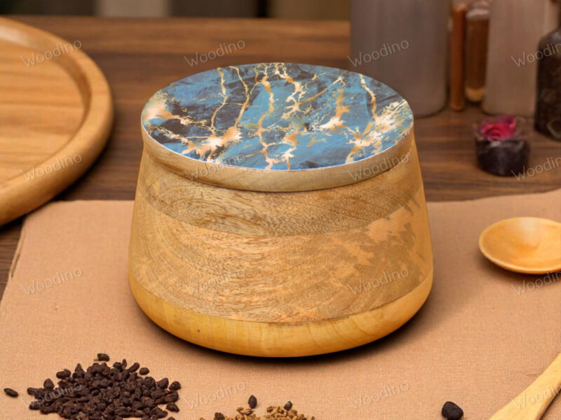 Woodino Solid Mango Wood Storage Jar with Resin Art Lid, 15x13 cm | Multipurpose Organizer Container for Snacks, Serving, Salad, Fruits, Jewelry and Storage| Natural Finish (Crackled Indigo)