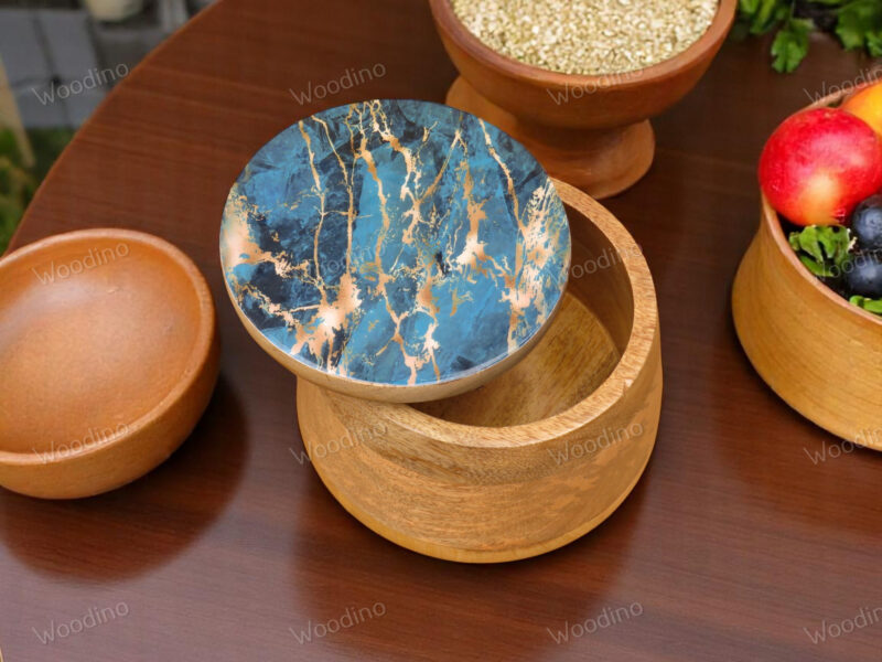 Woodino Solid Mango Wood Storage Jar with Resin Art Lid, 15x13 cm | Multipurpose Organizer Container for Snacks, Serving, Salad, Fruits, Jewelry and Storage| Natural Finish (Crackled Indigo)