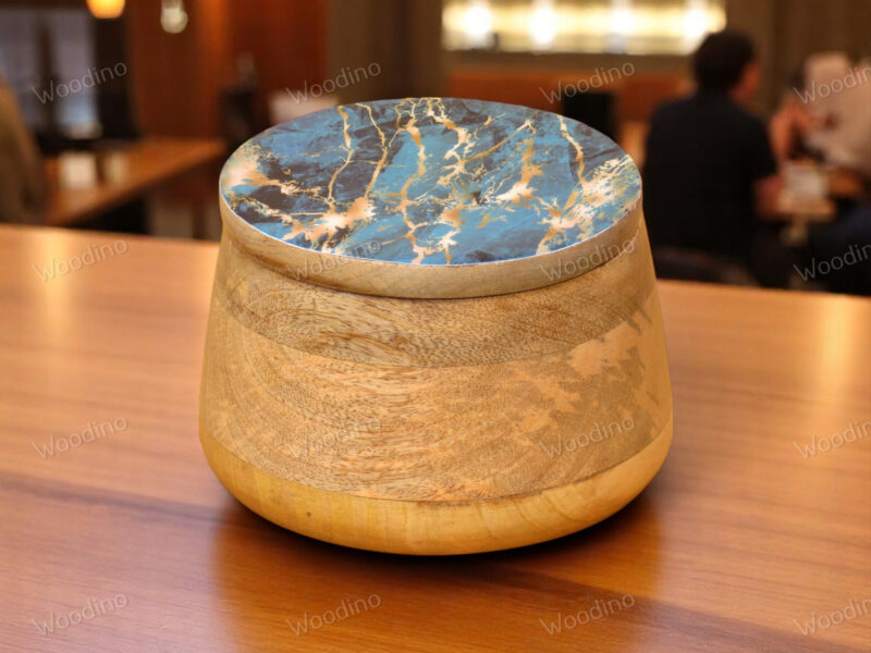 Woodino Solid Mango Wood Storage Jar with Resin Art Lid, 15x13 cm | Multipurpose Organizer Container for Snacks, Serving, Salad, Fruits, Jewelry and Storage| Natural Finish (Crackled Indigo)