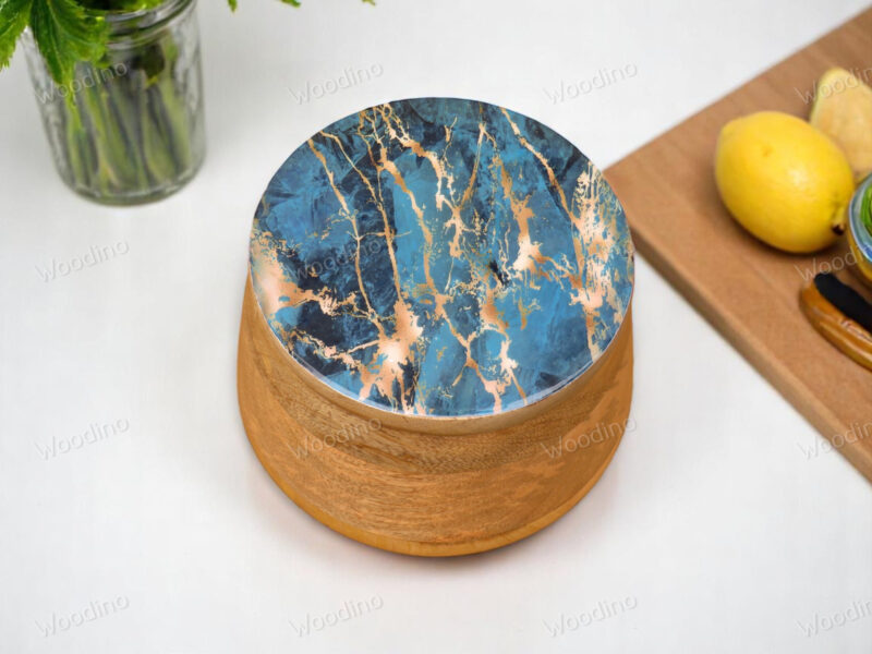 Woodino Solid Mango Wood Storage Jar with Resin Art Lid, 15x13 cm | Multipurpose Organizer Container for Snacks, Serving, Salad, Fruits, Jewelry and Storage| Natural Finish (Crackled Indigo)