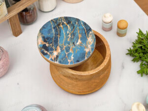 Woodino Solid Mango Wood Storage Jar with Resin Art Lid, 15x13 cm | Multipurpose Organizer Container for Snacks, Serving, Salad, Fruits, Jewelry and Storage| Natural Finish (Crackled Indigo)