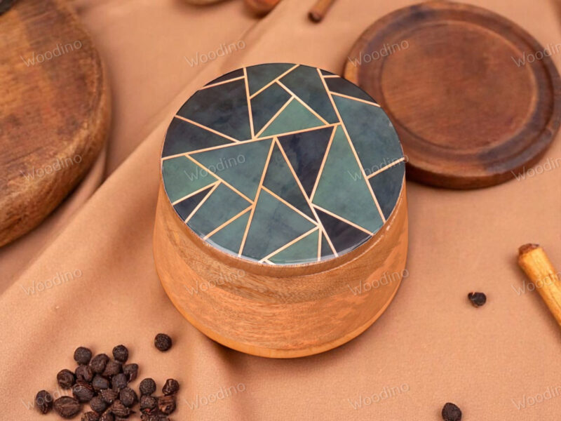 Woodino Solid Mango Wood Storage Jar with Resin Art Lid, 15x11 cm | Multipurpose Organizer Container for Snacks, Serving, Salad, Fruits, Jewelry and Storage| Natural Finish (Dark Geo)