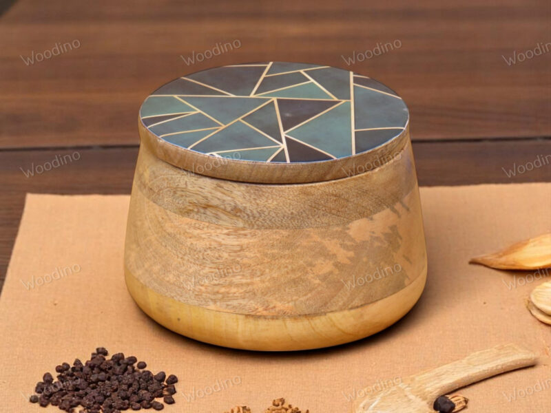 Woodino Solid Mango Wood Storage Jar with Resin Art Lid, 15x11 cm | Multipurpose Organizer Container for Snacks, Serving, Salad, Fruits, Jewelry and Storage| Natural Finish (Dark Geo)
