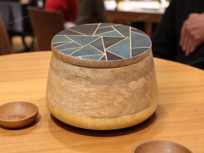 Woodino Solid Mango Wood Storage Jar with Resin Art Lid, 15x11 cm | Multipurpose Organizer Container for Snacks, Serving, Salad, Fruits, Jewelry and Storage| Natural Finish (Dark Geo)