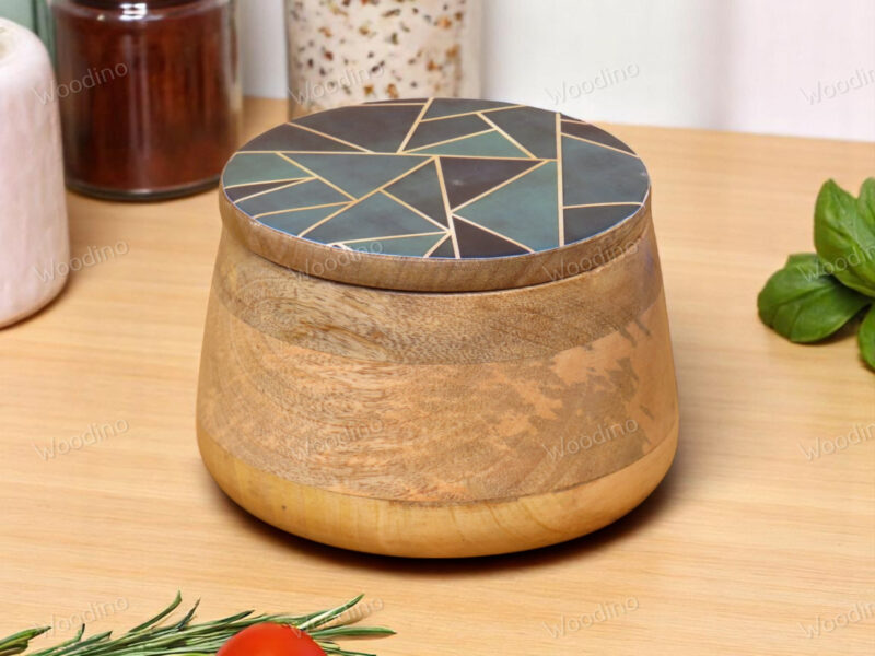 Woodino Solid Mango Wood Storage Jar with Resin Art Lid, 15x11 cm | Multipurpose Organizer Container for Snacks, Serving, Salad, Fruits, Jewelry and Storage| Natural Finish (Dark Geo)