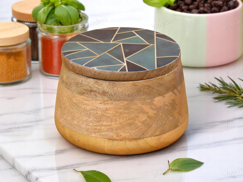Woodino Solid Mango Wood Storage Jar with Resin Art Lid, 15x11 cm | Multipurpose Organizer Container for Snacks, Serving, Salad, Fruits, Jewelry and Storage| Natural Finish (Dark Geo)