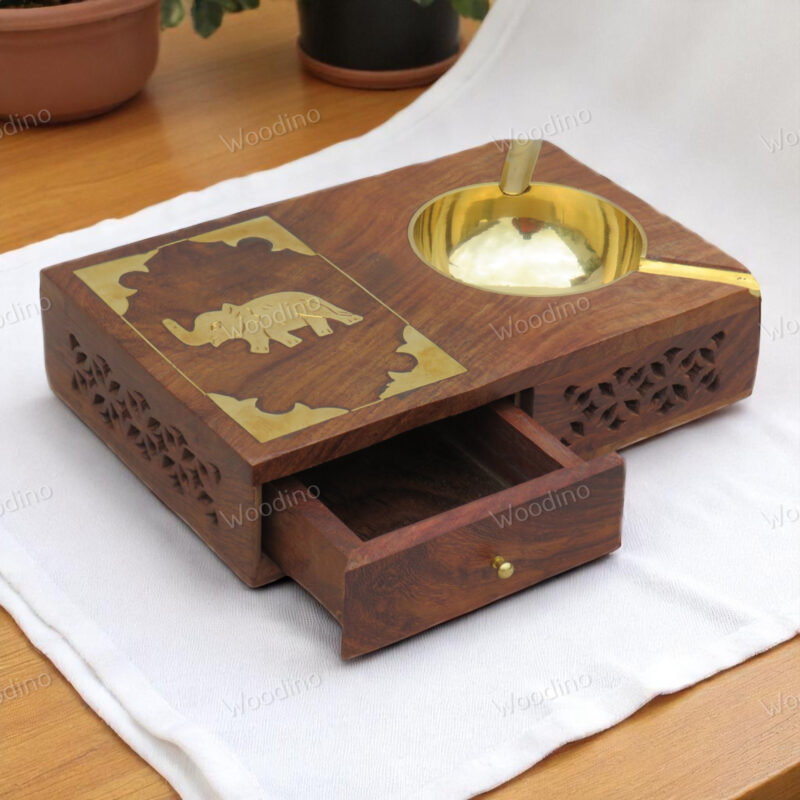 Handmade Sheesham Wood Ashtray with Brass Elephant Jaali Design | Cigarette & Matchbox Holder