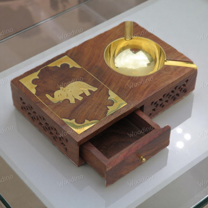 Handmade Sheesham Wood Ashtray with Brass Elephant Jaali Design | Cigarette & Matchbox Holder