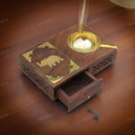 Handmade Sheesham Wood Ashtray with Brass Elephant Jaali Design | Cigarette & Matchbox Holder