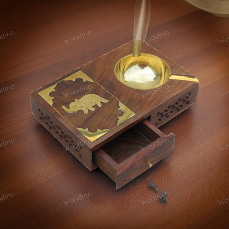 Handmade Sheesham Wood Ashtray with Brass Elephant Jaali Design | Cigarette & Matchbox Holder