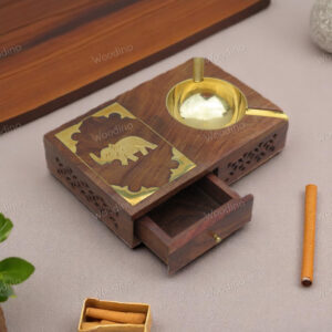 Handmade Sheesham Wood Ashtray with Brass Elephant Jaali Design | Cigarette & Matchbox Holder