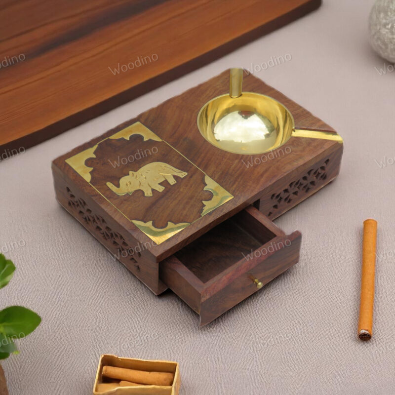 Handmade Sheesham Wood Ashtray with Brass Elephant Jaali Design | Cigarette & Matchbox Holder