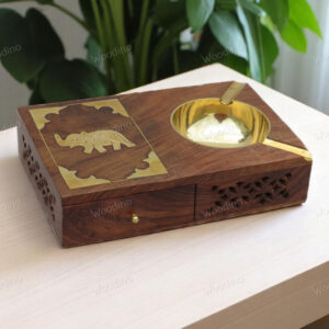 Handmade Sheesham Wood Ashtray with Brass Elephant Jaali Design | Cigarette & Matchbox Holder