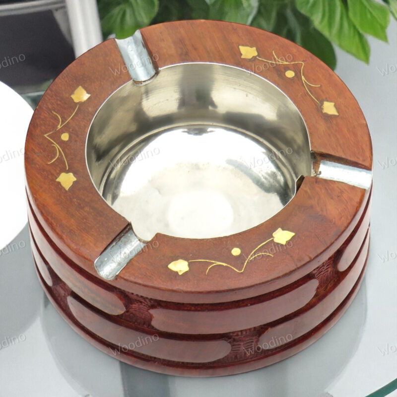 Handcrafted Round Sheesham Wood Ashtray with Brick Carved Design | Smokers' Decorative Accessory