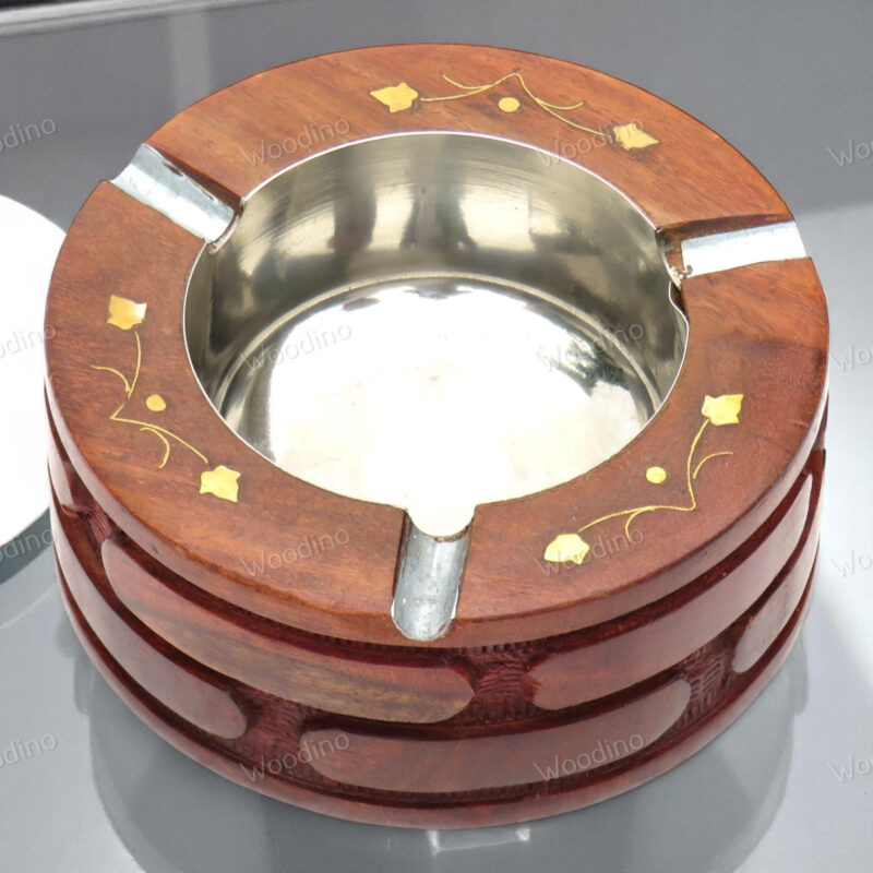 Handcrafted Round Sheesham Wood Ashtray with Brick Carved Design | Smokers' Decorative Accessory