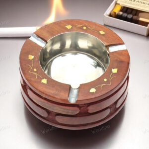 Handcrafted Round Sheesham Wood Ashtray with Brick Carved Design | Smokers' Decorative Accessory