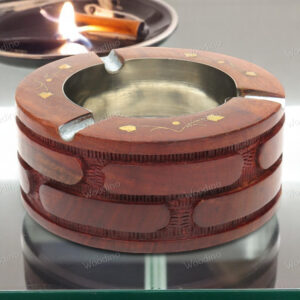 Handcrafted Round Sheesham Wood Ashtray with Brick Carved Design | Smokers' Decorative Accessory