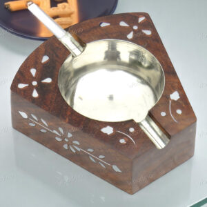 Handcrafted T-Shaped Sheesham Wood Ashtray with White Inlay | Unique Smoking Accessory
