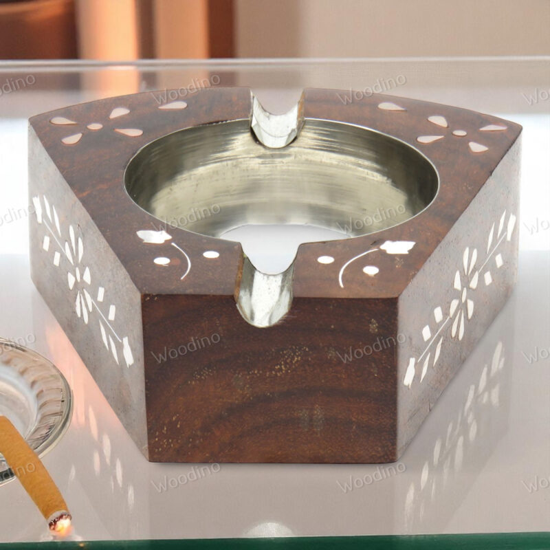 Handcrafted T-Shaped Sheesham Wood Ashtray with White Inlay | Unique Smoking Accessory
