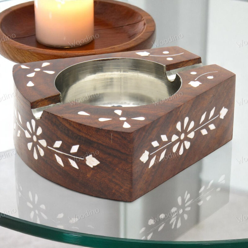Handcrafted T-Shaped Sheesham Wood Ashtray with White Inlay | Unique Smoking Accessory