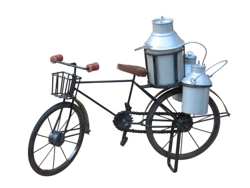 Woodino Handicrafts Antique Wooden & Wrought Iron Milkman Cycle with 3 Milk Cans | Vintage Bicycle Model for Home Decor, Tabletop Display & Gifting