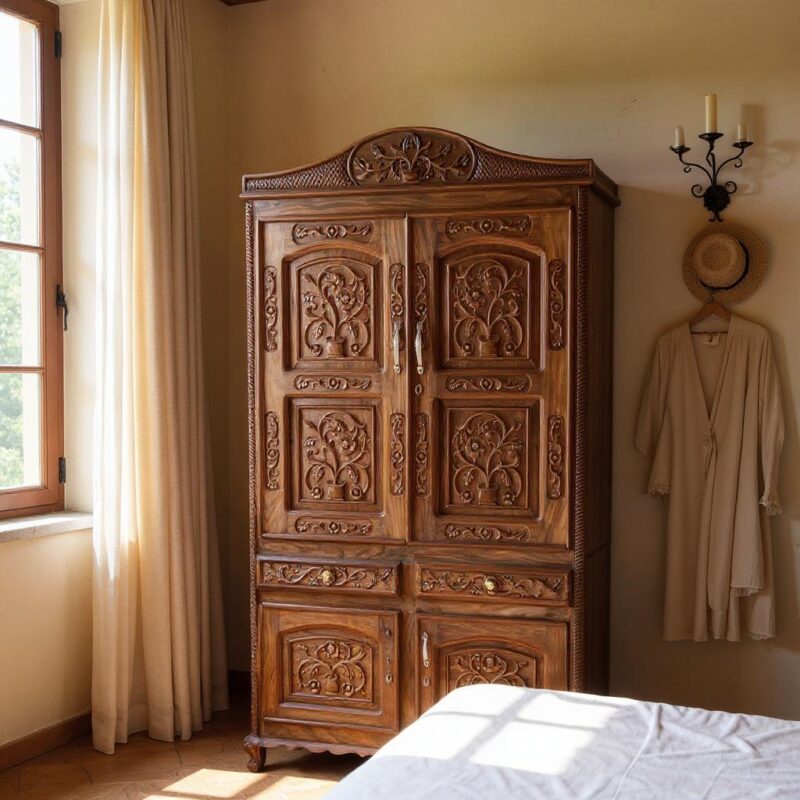 Sheesham Wood Almirah Wardrobe – Hand-Carved 4 Door Wooden Storage Cabinet (6.5 ft x 3.5 ft, 21" Depth, Natural Polish)