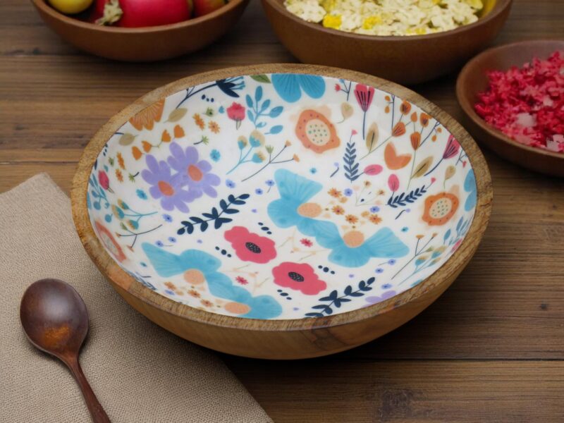 Woodino Mango Wood Salad Bowl with Inner Resin Art – Decorative Serving Bowl for Dry Items, Snacks, Fruits – Handcrafted with Epoxy Clear Layer (10x3 Inch)