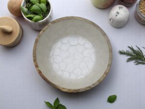 Woodino Mango Wood Salad Bowl with Inner Resin Art – Mother of Pearl Look – Decorative Serving Bowl for Dry Items, Snacks, Fruits – Handcrafted with Epoxy Clear Layer (9x3 Inch)