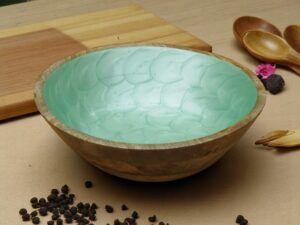 Woodino Mango Wood Salad Bowl with Inner Resin Art – Mother of Pearl Look – Decorative Serving Bowl for Dry Items, Snacks, Fruits – Handcrafted with Epoxy Clear Layer (9x3 Inch - green)