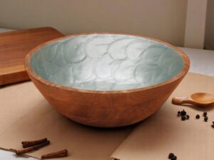 Woodino Mango Wood Salad Bowl with Inner Resin Art – Mother of Pearl Look – Decorative Serving Bowl for Dry Items, Snacks, Fruits – Handcrafted with Epoxy Clear Layer (9x3 Inch - Grey
