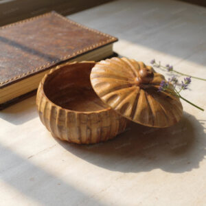 Woodino Mango Wood Pumpkin Shape Chapati Box | Antique Wooden Roti Casserole & Multi-Purpose Storage Organizer | Handmade Bread Box & Kitchen Container