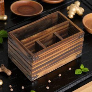 Vintage Pine Wood Cutlery Stand – Multipurpose Organizer for Kitchen, Dining & Office (9x6x4.5 in)