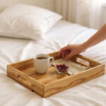 Woodino Teak Wood Serving Tray – Large Breakfast & Snack Tray with Natural Polish, Big Size Wooden Platter for Home, Restaurant & Cafe Serving (18×12 Inch)