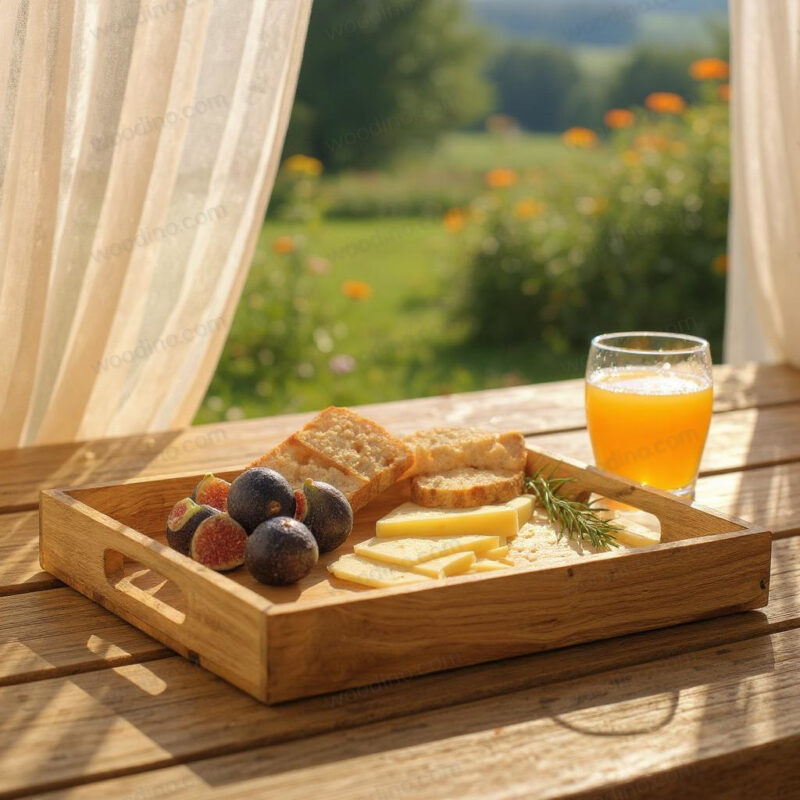 Woodino Teak Wood Serving Tray – Large Breakfast & Snack Tray with Natural Polish, Big Size Wooden Platter for Home, Restaurant & Cafe Serving (18×12 Inch)