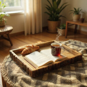 Woodino Solid Mango Wood Serving Tray – 20x14 Inch Bakkal/Chhal Logs Design, Natural Polish Large Wooden Breakfast & Restaurant Platter for Hotels, Cafes & Home Use