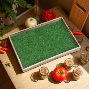 Woodino Solid Mango Wood Serving Tray – 19x13 Inch Green Grass Design, Natural Polish Large Wooden Breakfast & Restaurant Platter for Hotels, Cafes & Home Use