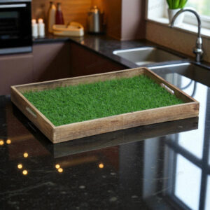 Woodino Solid Mango Wood Serving Tray – 19x13 Inch Green Grass Design, Natural Polish Large Wooden Breakfast & Restaurant Platter for Hotels, Cafes & Home Use